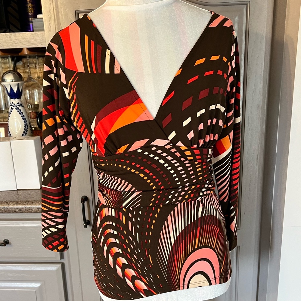 Vintage BCBG Max Azria Faux Wrap Swirl Print Jersey Knit Top